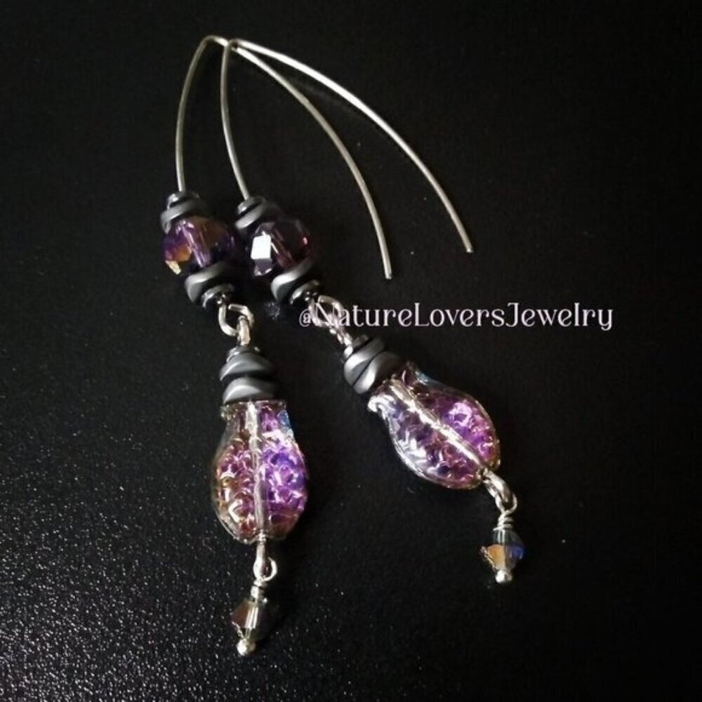 Purple + Black Iridescent Glass Fish Danglers ~ Goth + Beachy! Sea Life Earrings - Picture 7 of 13